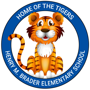 In blue circle with white writing Henry M. Brader Elementary School Home of the Tigers with orange & brown tiger in center